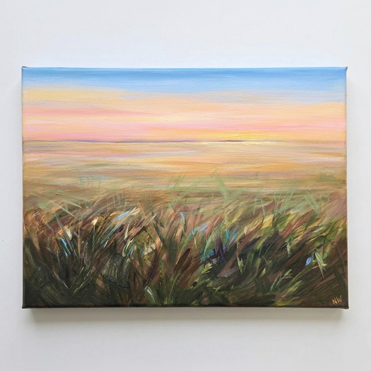 Peaceful Painting of a field with a colorful sky
