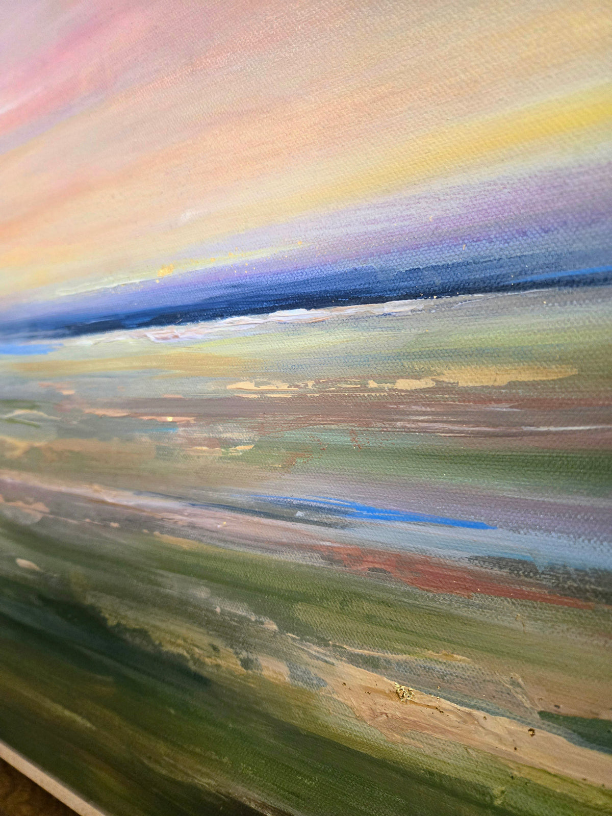 Abstract landscape painting with horizontal brush strokes in various colors